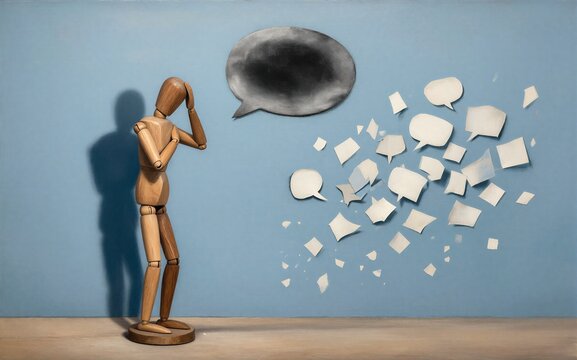 Wooden figure holds head, speech bubbles scattersymbolizing mental overload or stress.