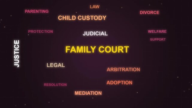 Family court legal concept word cloud with judicial and custody terminology