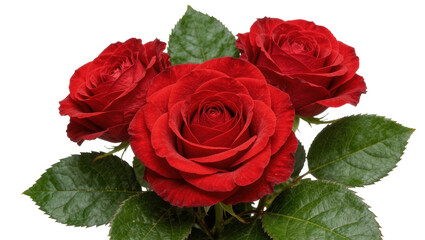 Fototapeta premium Three lush red roses with green leaves, isolated on transparent background