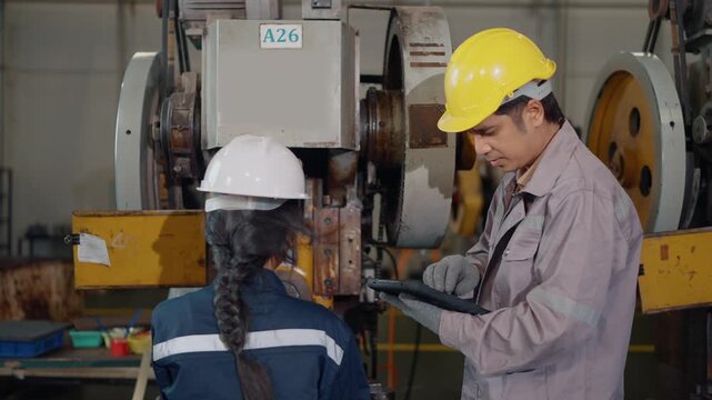 Two workers inspect machinery in an industrial plant. One holds a tablet, guiding the other through procedures. They wear safety gear