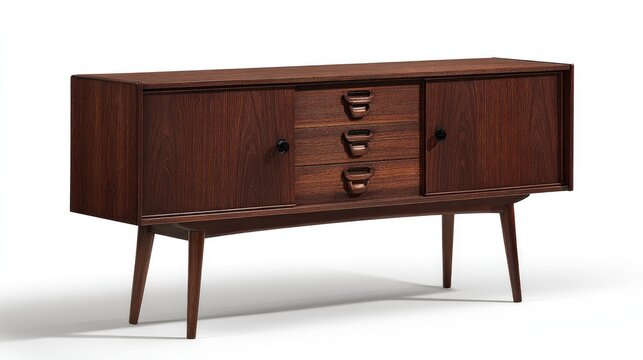Dark walnut mid-century sideboard with sculpted handles.