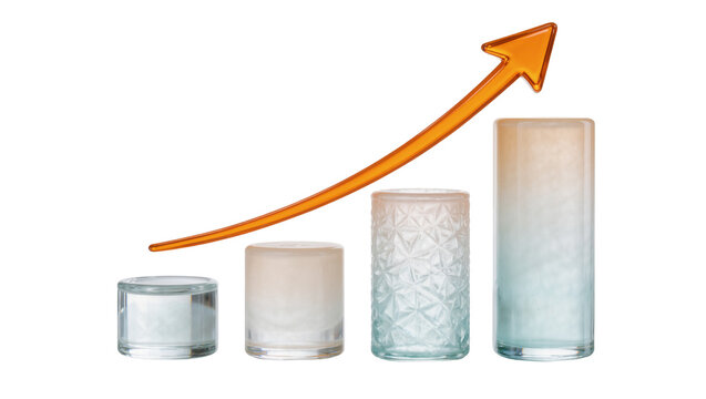 Four glass cylinders of varying heights and textures with an orange arrow pointing upwards, isolated on transparent background