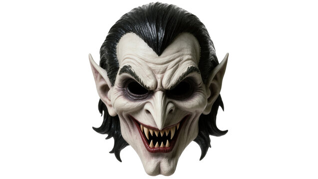 Scary vampire mask with sharp teeth and pointed ears, isolated on transparent background