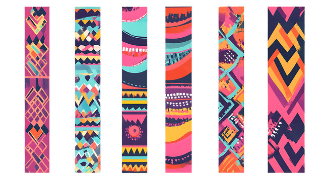 Set of colorful abstract vertical banners with geometric patterns tribal ethnic design elements for web and pr
