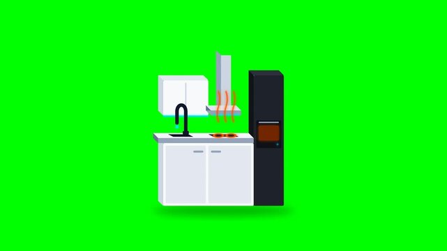 Premium 2.5D kitchen icon animation featuring sequential smart cooking functionality, sleek modern cabinetry, built-in appliances, and environmental lighting on chroma green.