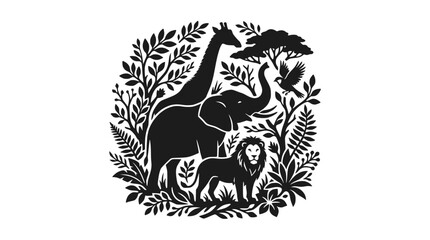 Obraz premium African Wildlife Silhouette Circle Icon: Elephant, Lion, Giraffe, Tree, Birds