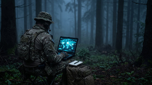 Soldier using a military laptop at a forest command post with a digital map and global connections on screen, representing cyber warfare and tactical communication technology.