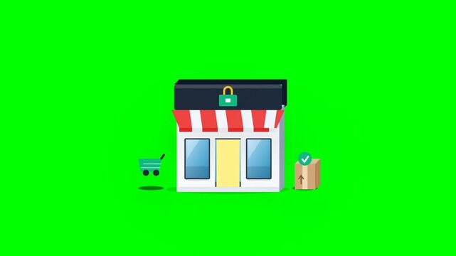 Premium 2.5D simple retail store animation. Features a shopping cart, opening double doors, and a cardboard box (dus) with strict spatial separation to prevent overlapping on a clean green screen.