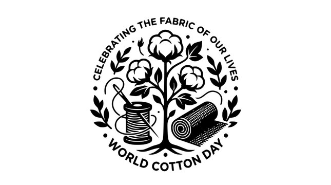 World Cotton Day Celebration Logo - Cotton Plant, Spool, Fabric Roll