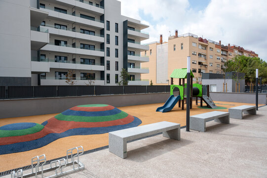 Modern apartment building with an urban playground