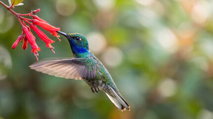 Fototapeta premium Hummingbird hovering in front of a red flower collecting honey