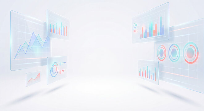 Floating holographic data panel and charts on light background