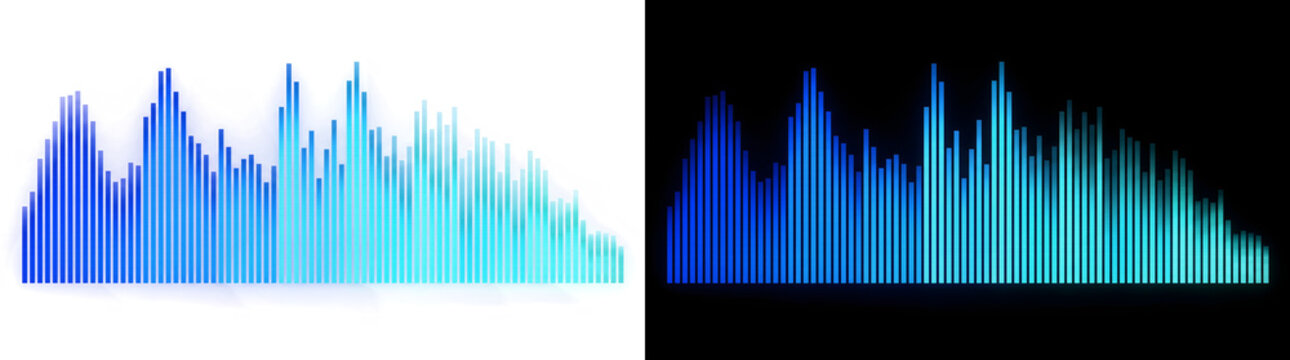 Blue to teal gradient equalizer bars descending in height from left to right with PNG Transparent and Black Background Versions