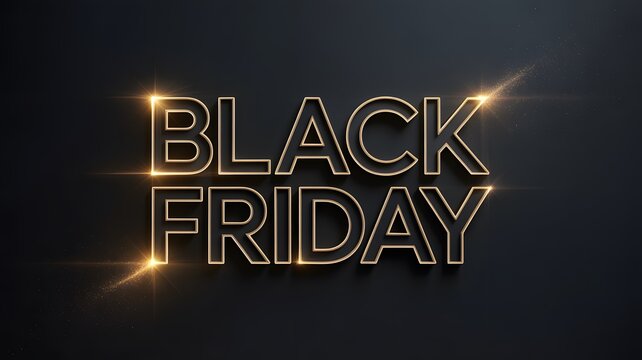 Black Friday promotional text rendered in bold metallic gold letters with bright glowing light lens flares