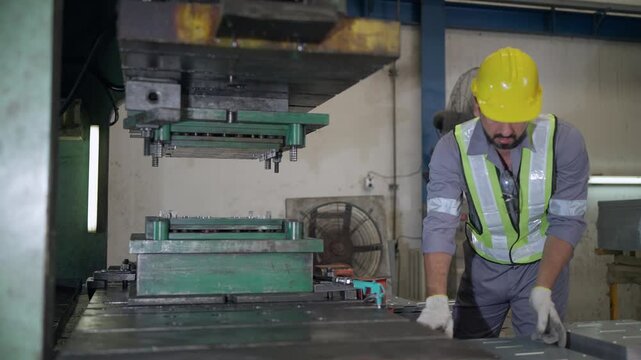 Worker in hard hat operates heavy press machine. He wears safety vest and gloves for protection. Fingers adjust settings as machine hums in background