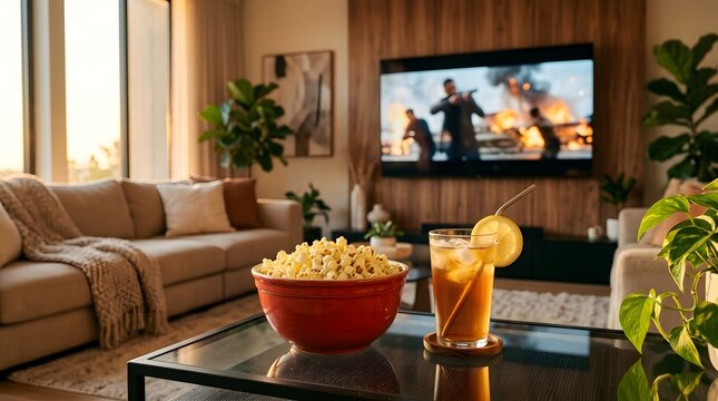 Bowl of popcorn and glass of iced tea with lemon on a coffee table in a modern living room with an action movie playing on a large television screen in the background.