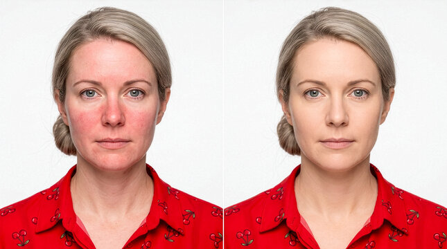 Woman Face Before After Rosacea Skin Redness Treatment Comparison