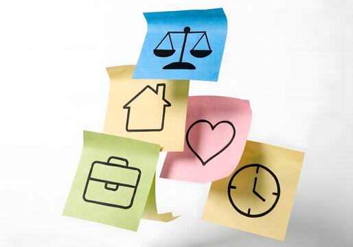 Colorful sticky notes with icons representing life balance and priorities