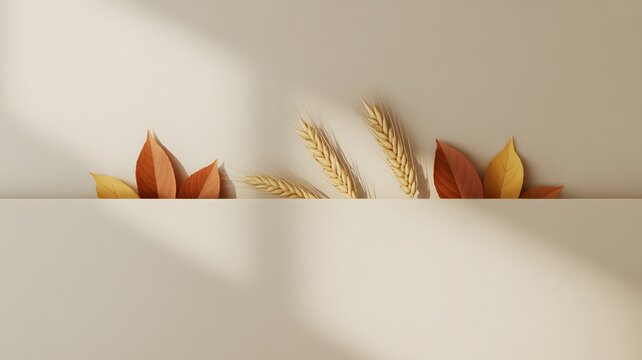 Golden wheat ears and colorful autumn leaves resting behind minimalist beige paper with soft shadows
