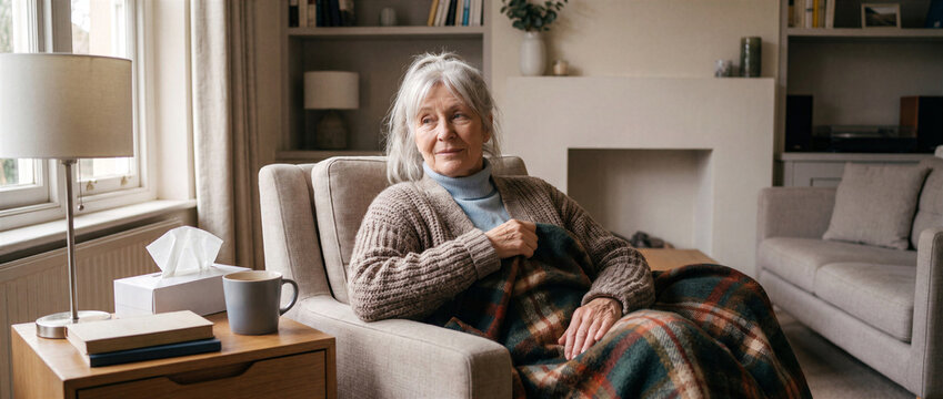 Sick senior woman resting under blanket with tissues