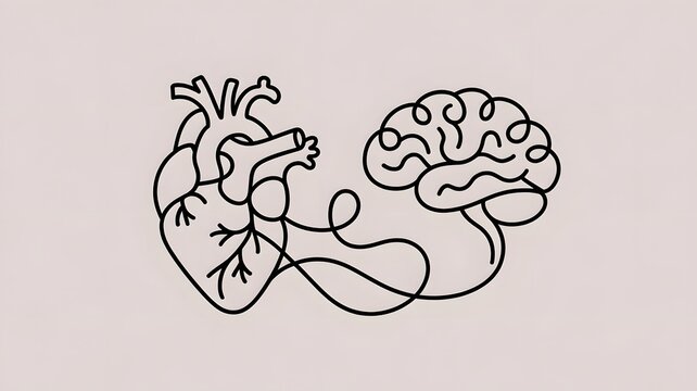 Human heart and brain interconnected by one continuous black line on a soft pink background