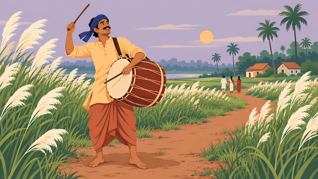 Traditional dhak drum with marigold flowers and kash grass on dark background celebrating maha panchami durga puja and navratri bengali festival tradition