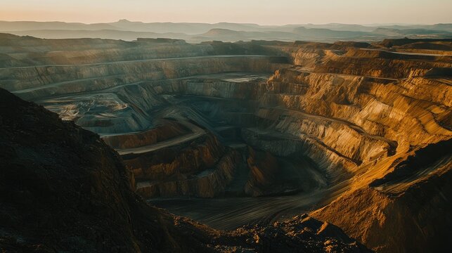 Deep industrial excavation pit at sunset.