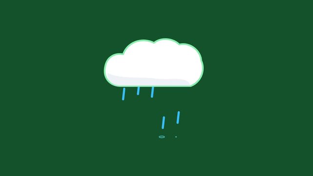 Modern rain weather icon animation showing a stylized cloud with smoothly falling diagonal raindrops and ripple rings on a clean solid green background.