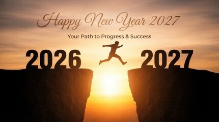 Fototapeta premium Silhouette of a man Happy New Year 2026 To 2027 standing on a tranquil beach at sunset next to a vintage chalkboard with business success message