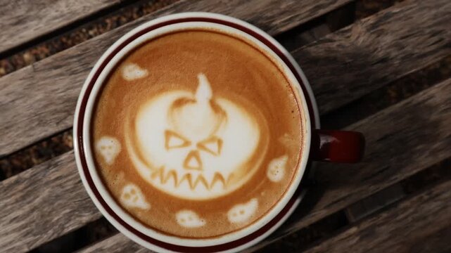 Footage of mouthwatering frothy cappuccino coffee with Jack O' Lantern latte art
