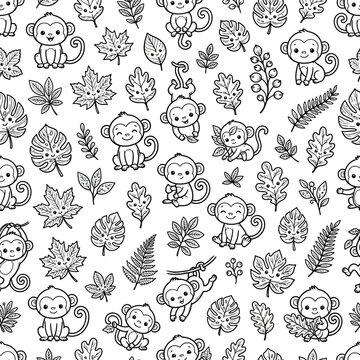 Cute Cartoon Monkeys and Tropical Leaves Seamless Pattern - Black and White