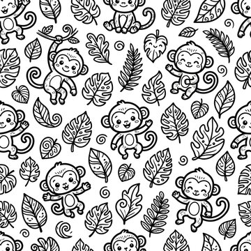Cute cartoon monkeys and tropical leaves seamless pattern, black and white doodle illustration