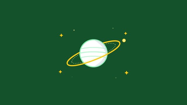 Modern space and galaxy icon animation showing a ringed planet with orbiting satellite moon, radiant cosmic nebula rings, and sparkling stars on a clean green background.