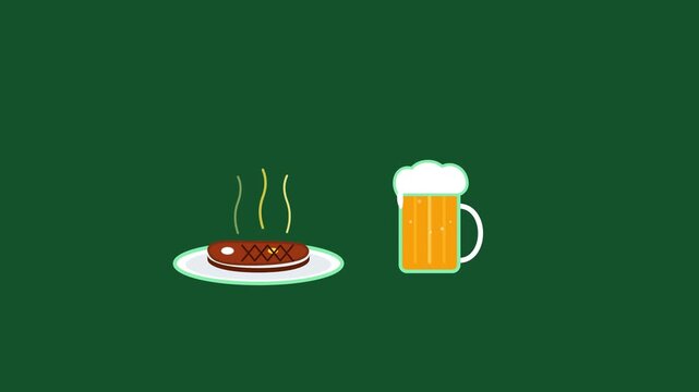 Modern steak and beer icon animation featuring a flat grilled beef steak platter with frothy beer mug and rising sizzle aroma on a clean solid green background.