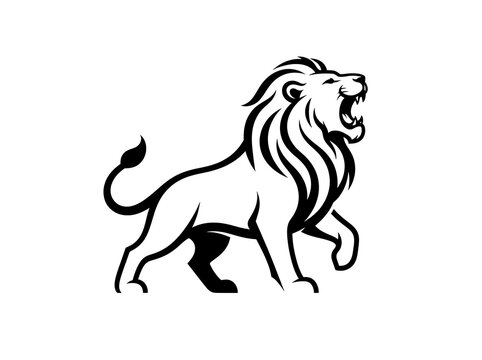 Majestic lion roaring with open mouth and mane detailed outline isolated
