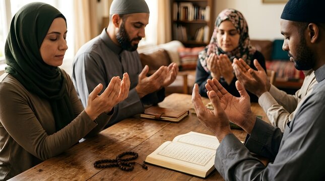 Diverse group of Muslim friends praying together around a table with a Quran.
