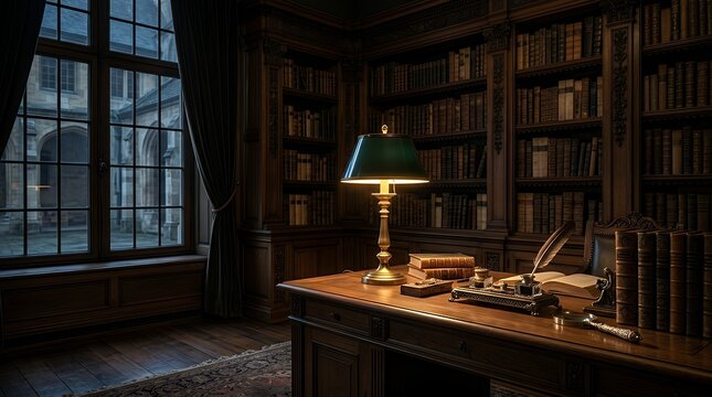 Cozy and atmospheric vintage library interior with a classic wooden desk, banker's lamp, old books, and a quill pen, overlooking a gothic courtyard through a large window at twilight.