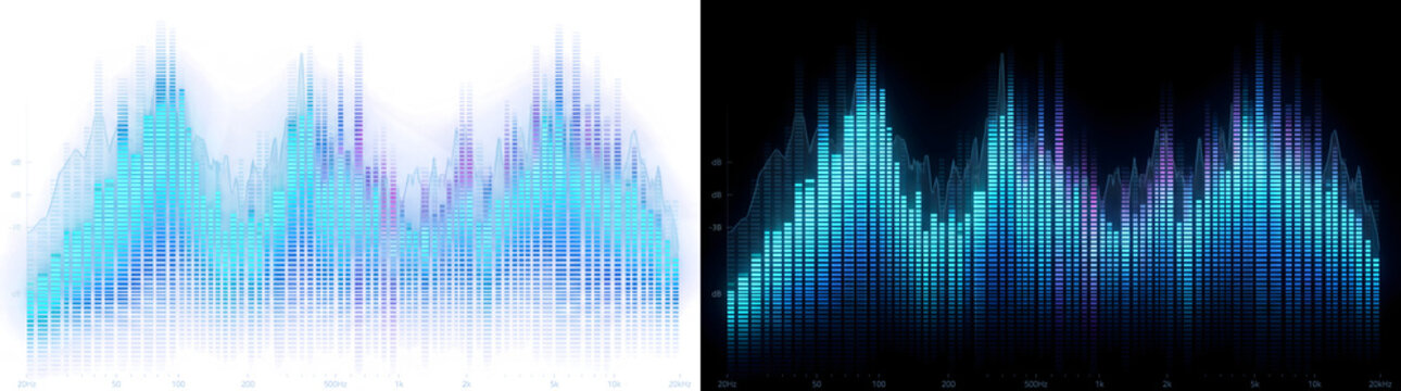 Detailed decibel frequency spectrum analyzer with cyan and purple bars mapped against a hertz scale with PNG Transparent and Black Background Versions