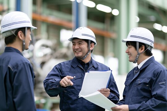 工場で働く日本人男性3人が笑顔で打ち合わせ指示