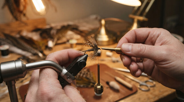 Craftsman hands tying feather fly fishing lure on rotary bench vise