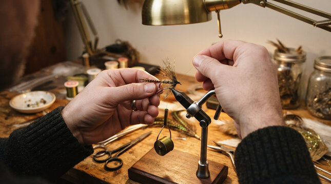 Craftsman hands tying feather fly fishing lure on rotary bench vise