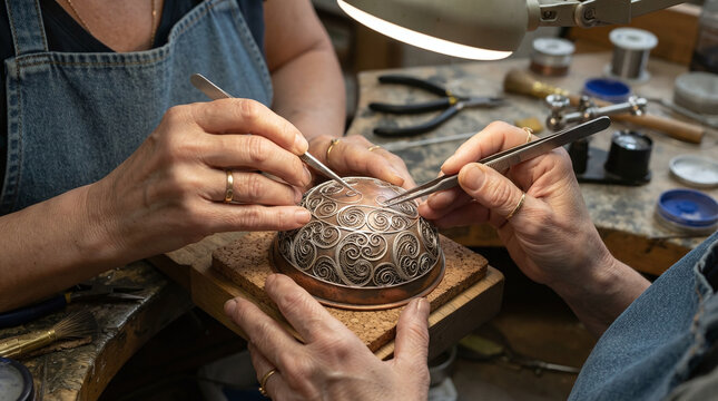 Enameler hands bending silver ribbon wire with tweezers for cloisonne art