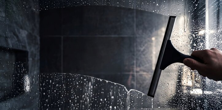 Hand Cleaning Wet Shower Glass with Squeegee and Water Droplets