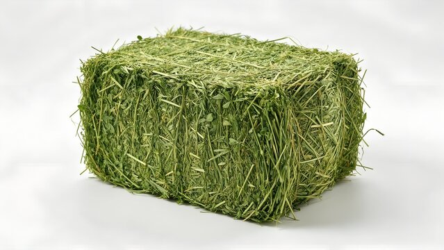 Fresh green alfalfa hay bale isolated on a bright white background captures vibrant agricultural textures of organic livestock feed for farm animals in clear lighting