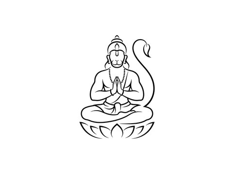 Meditating monkey deity figure in outline style on lotus flower illustration