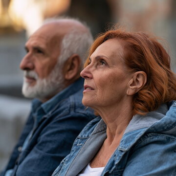 Joyful Elderly Couple Sharing a Quiet Moment on a Park Bench Surrounded by Autumn Leaves