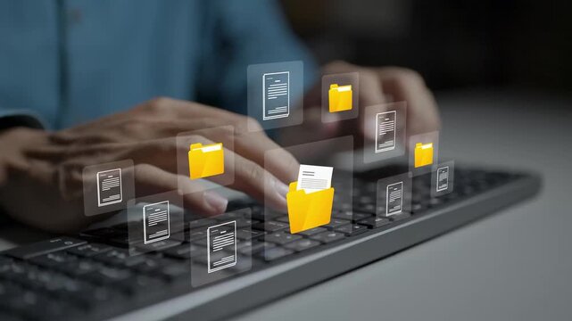Digital file management system concept. Person typing on keyboard with structured folders, tags and automated file transfer icons, smart document retrieval and productivity tool.