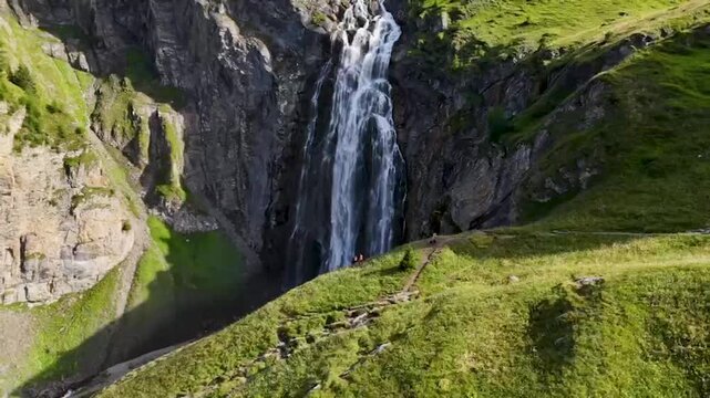Engstligen Waterfall Aerial Drone View &ndash; Dynamic Alpine Cascade, Switzerland