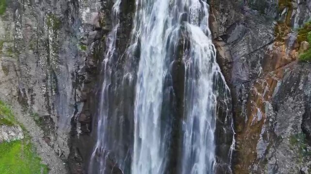 Engstligen Waterfall Aerial Drone View &ndash; Dynamic Alpine Cascade, Switzerland