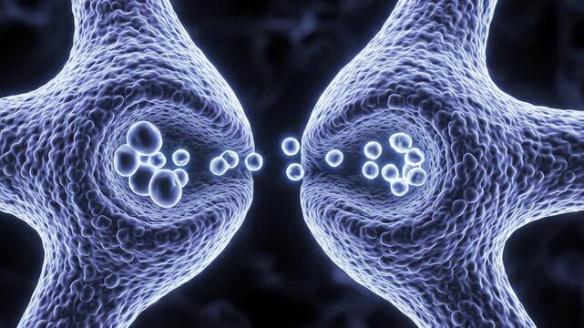 Neuron terminals separated by a narrow synaptic gap, a subtle sequence of identical neurotransmitter molecules slowly crossing the gap to represent neural communication